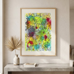 Lebendige Aquarell-Abstrakte Florale Doodle-Linien Poster