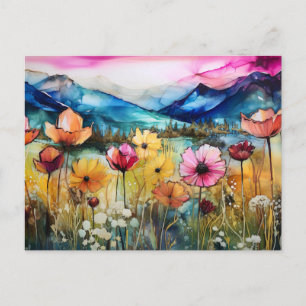 Lebendige Aquarell-Berg-Wildblumen-Postkarte  Postkarte