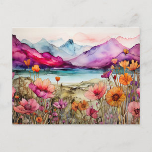 Lebendige Aquarell-Berg-Wildblumen-Postkarte Postkarte
