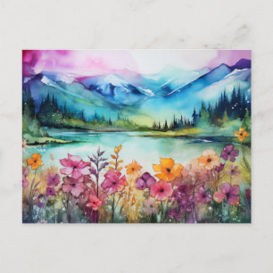 Lebendige Aquarell-Berg-Wildblumen-Postkarte Postkarte
