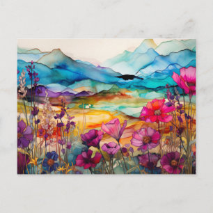 Lebendige Aquarell-Berg-Wildblumen-Postkarte Postkarte