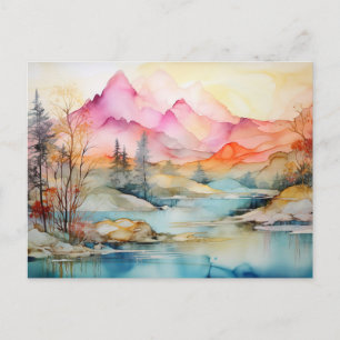 Lebendige Aquarell-Bergsee-Postkarte Postkarte