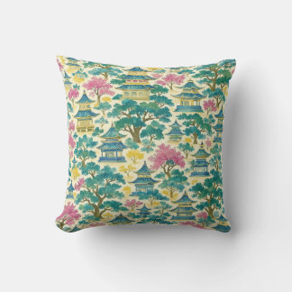 Lebendige Aquarell-Chinoiserie im Gold-Pagoden-Mus Kissen