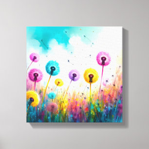 Lebendige Aquarell-Löwenzahn-Wünsche Bunt Leinwanddruck