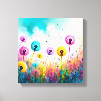 Lebendige Aquarell-Löwenzahn-Wünsche | Bunt Leinwanddruck