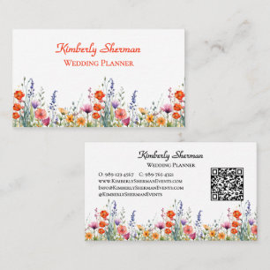 Lebendige Aquarell-Wildblumen-Hochzeitsplaner Visitenkarte