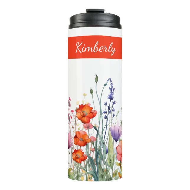 Lebendige Aquarell-Wildblumen Personalisiert Thermosbecher (Vorderseite)