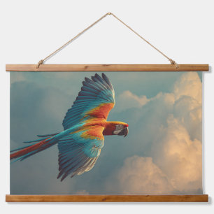Lebendige Ara-Sonnenuntergangs-Himmel-Flug-Wandkun Wandteppich Mit Holzrahmen