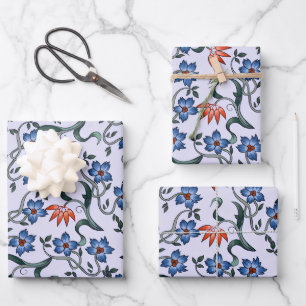 Lebendige blaue Blumenmuster mit grünen Reben Geschenkpapier Set