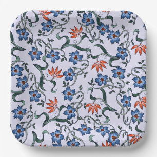 Lebendige blaue Blumenmuster mit grünen Reben Pappteller