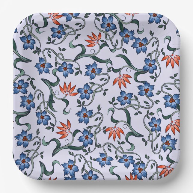 Lebendige blaue Blumenmuster mit grünen Reben Pappteller (Vorderseite)