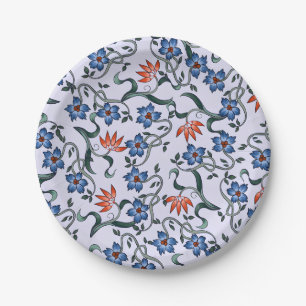 Lebendige blaue Blumenmuster mit grünen Reben Pappteller