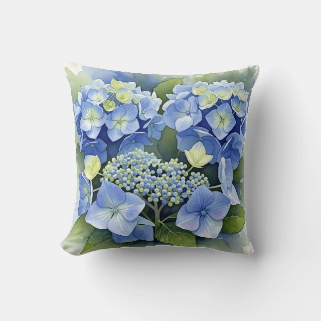 Lebendige Blaue Hortensie-Wasserfarbe Dekorativ Kissen (Vorderseite)