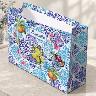 Lebendige blaue mediterrane Zitrus-Limonen-Kachel Große Geschenktüte