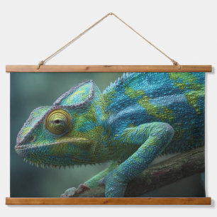 Lebendige Blaugrüne Chamäleon-Dschungel-Wandkunst Wandteppich Mit Holzrahmen