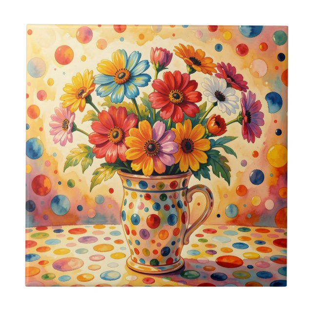 Lebendige Blumen, farbenfrohe Punkte, Fliese (Vorderseite)