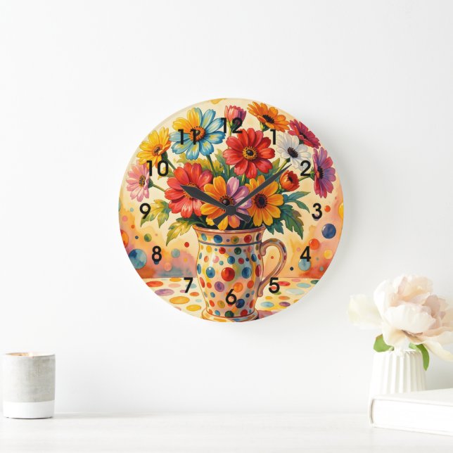 Lebendige Blumen, farbenfrohe Punkte, Große Wanduhr (Zuhause)