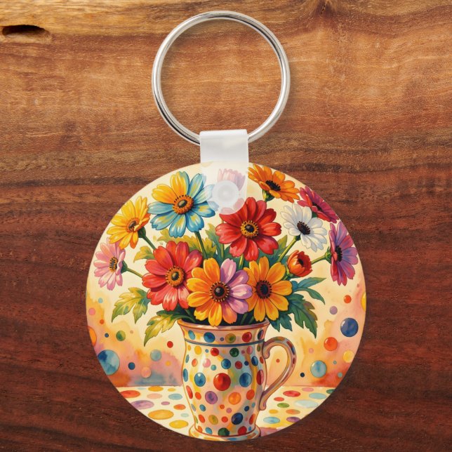 Lebendige Blumen, farbenfrohe Punkte, Schlüsselanhänger (Rückseite)