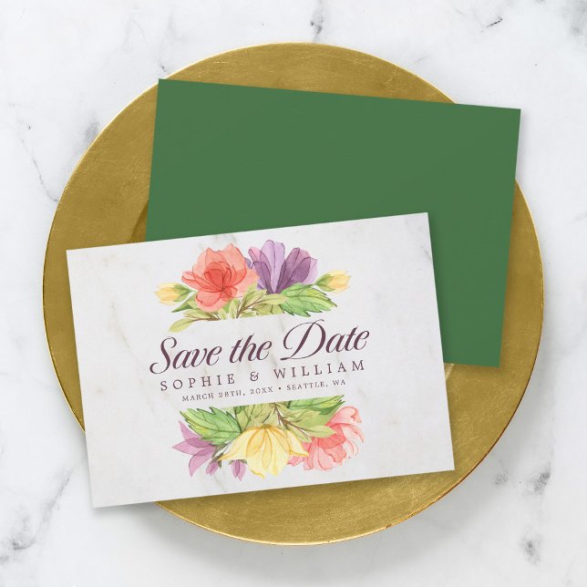 Lebendige Blütenmuster-Marmor Hochzeitseinladungsa Save The Date (Von Creator hochgeladen)