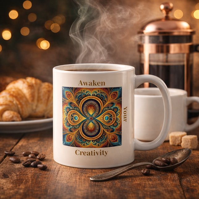 Lebendige Boho-Fraktal-Mandala-Kunst Kaffeetasse (Von Creator hochgeladen)