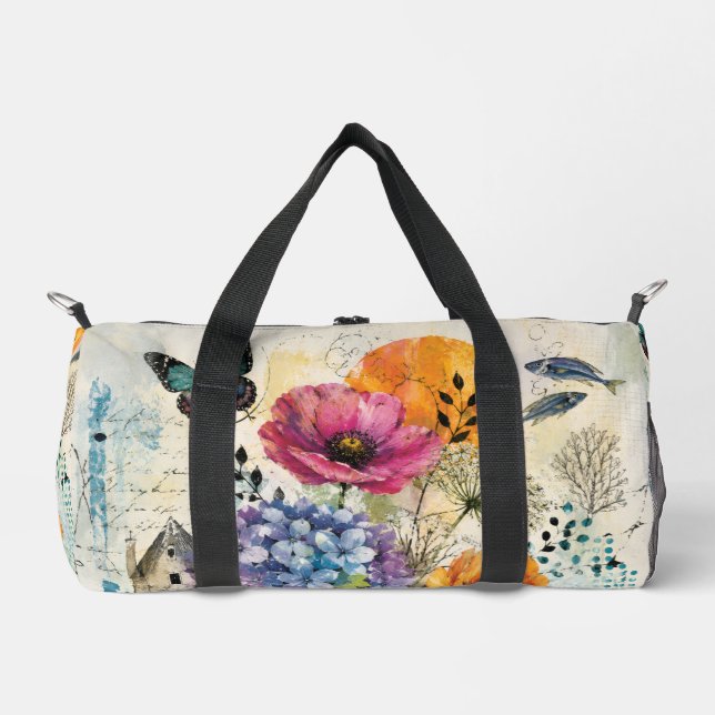 Lebendige botanische Mixed-Media-Collage-Kunst Duffle Bag (Vorderseite)