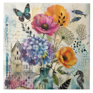 Lebendige botanische Mixed-Media-Collage-Kunst Fliese