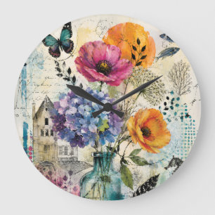 Lebendige botanische Mixed-Media-Collage-Kunst Große Wanduhr
