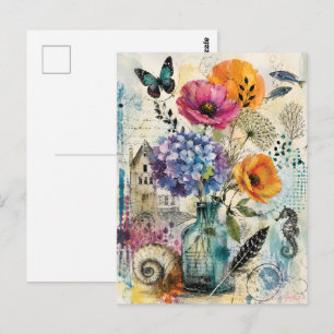 Lebendige botanische Mixed-Media-Collage-Kunst Postkarte