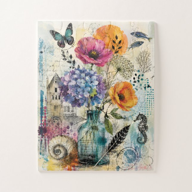 Lebendige botanische Mixed-Media-Collage-Kunst Puzzle (Vertikal)