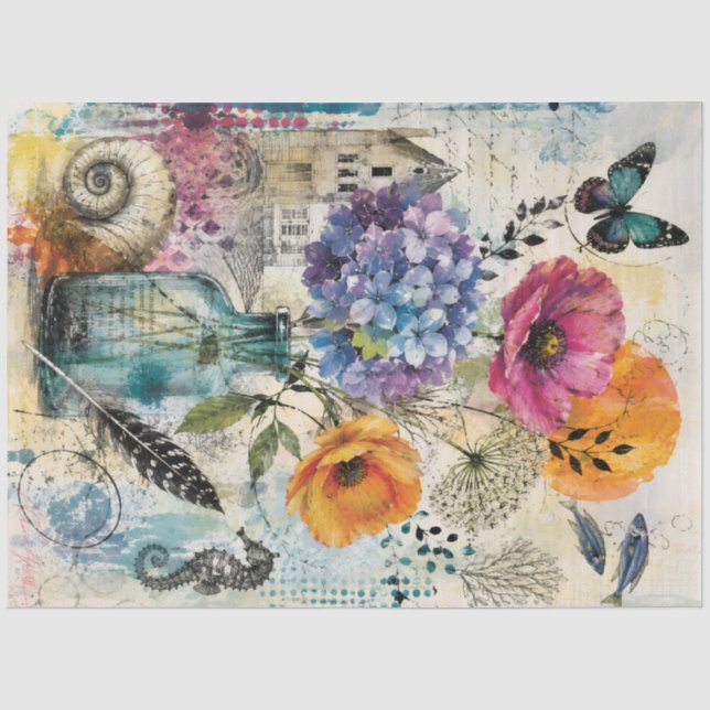 Lebendige botanische Mixed-Media-Collage-Kunst Seidenpapier (Vorderseite)