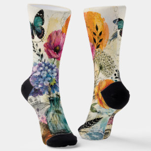 Lebendige botanische Mixed-Media-Collage-Kunst Socken