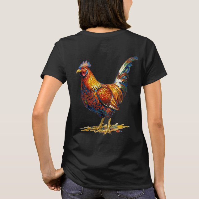 Lebendige Bunte Hahn-Illustrationskunstwerk T-Shirt (Rückseite)