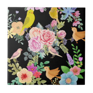 Lebendige bunte Vögel und Blumen Kunst auf Schwarz Fliese