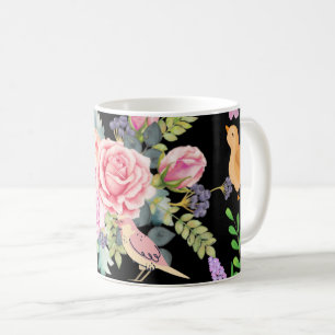 Lebendige bunte Vögel und Blumen Kunst auf Schwarz Kaffeetasse