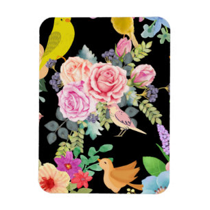 Lebendige bunte Vögel und Blumen Kunst auf Schwarz Magnet