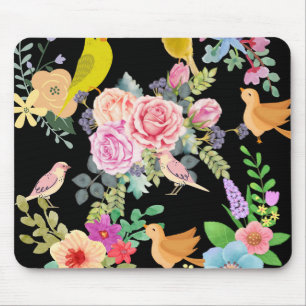 Lebendige bunte Vögel und Blumen Kunst auf Schwarz Mousepad