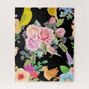 Lebendige bunte Vögel und Blumen Kunst auf Schwarz Puzzle