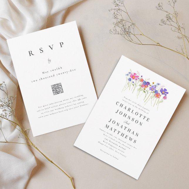Lebendige Bunte Wildblumen-Hochzeit QR-Code Einladung (Vibrant colorful wildflower floral qr code wedding invitation elegant modern script watercolor )