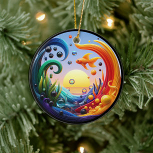 Lebendige Buntglas-Abstraktion Goldfisch Keramik Ornament