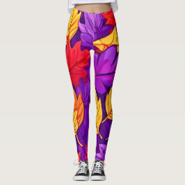 Lebendige Cartoon-Blätter: Lila, gelb, rot Leggings