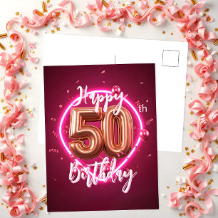 Lebendige Chic Roségold und Pink Neon 50. Geburtst Postkarte