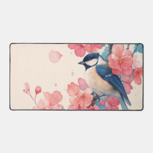 Lebendige Chickadee Knallrosa Kirschblüte Schreibtischunterlage