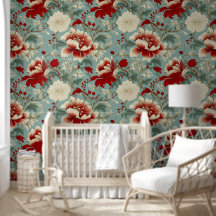 Lebendige Creme-Rot-Türkisblaue Blumen Vintage