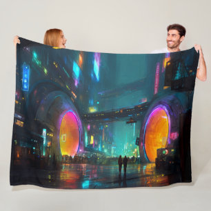 Lebendige Cyberpunk-Stadtlandschaft mit Bögen Fleecedecke