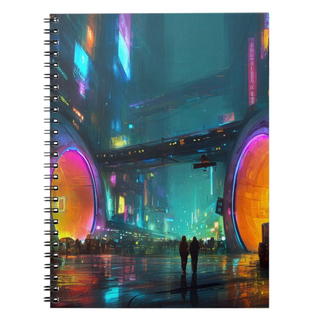 Lebendige Cyberpunk-Stadtlandschaft mit Bögen Notizblock (Vorderseite)