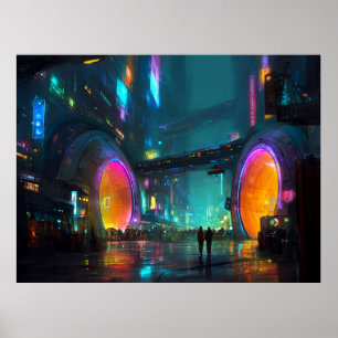 Lebendige Cyberpunk-Stadtlandschaft mit Bögen Poster
