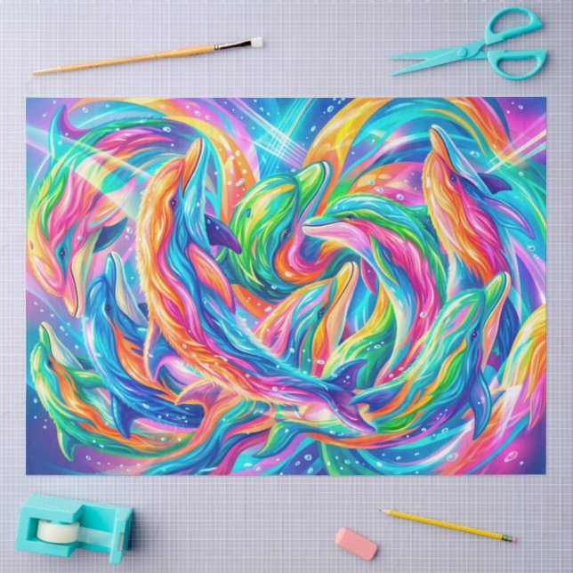 Lebendige Delfin-Traumlandschaft – psychedelisches Seidenpapier (Basteln)