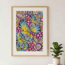 Lebendige farbenfrohe Boho-Blumen-Feder-Doodle-Kun