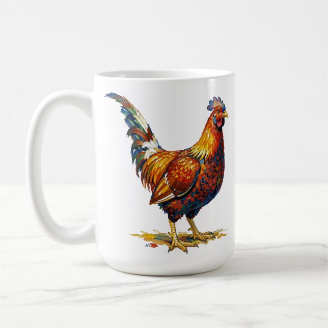 Lebendige farbenfrohe Hahn-Illustrationskunst Kaffeetasse (Links)