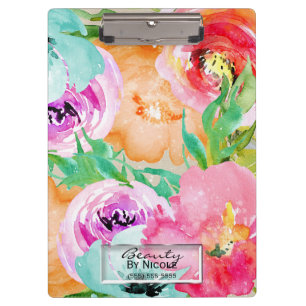 Lebendige Farbige Aquarell Blumen Personalisiert Klemmbrett